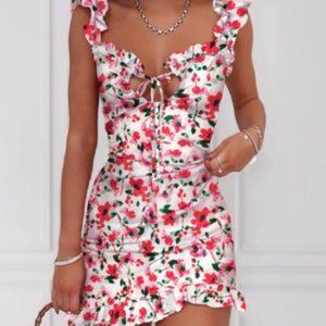 Floral Print Tied Detail Frill Hem Dress